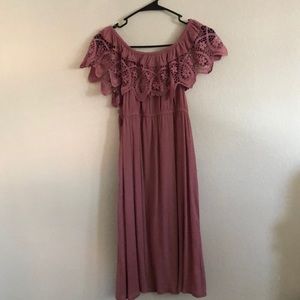 Pink off the shoulder dress.